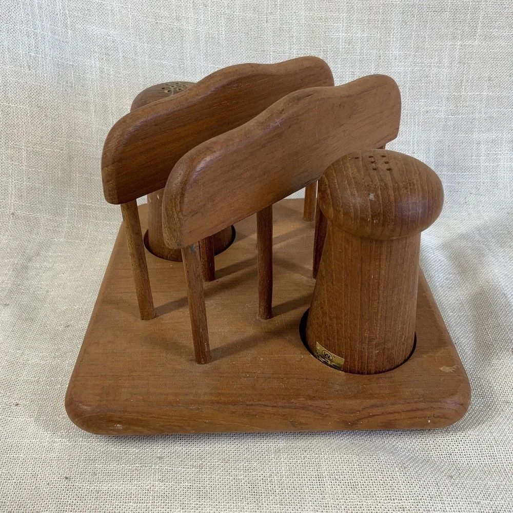VTG Danish Modern Genuine Teak Wood Salt‎ and Pepper Shakers with Napkin Holder